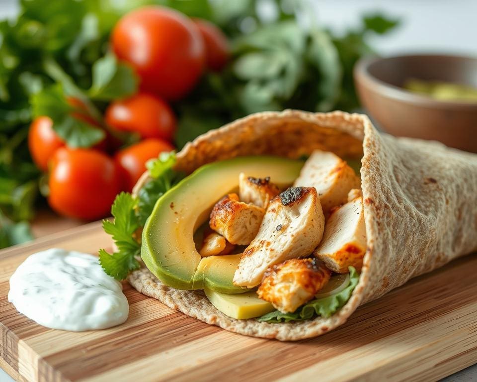 Volkoren wrap met kip, avocado en een yoghurtsaus